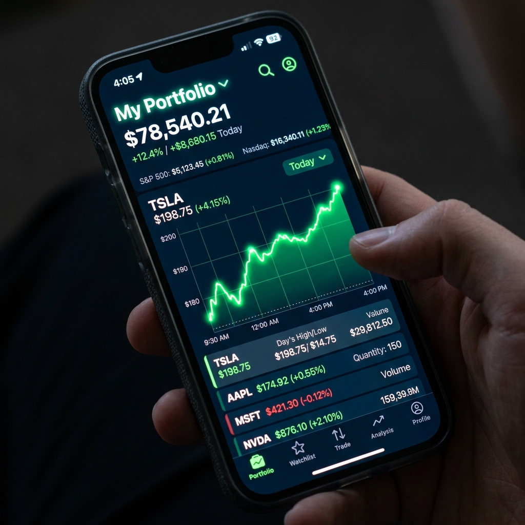 Stockify mobile trading application interface showing stock portfolio